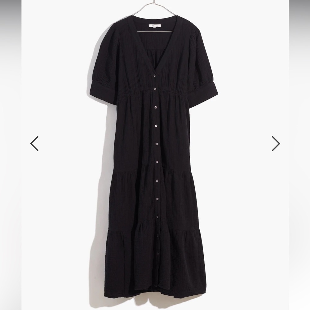 Madewell Lightspun Button-Front Tiered Midi Dress Sz 14 Black